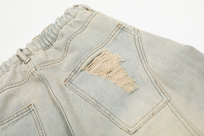 Washed Damage Curved Wide Leg Denim Jeans WN25912