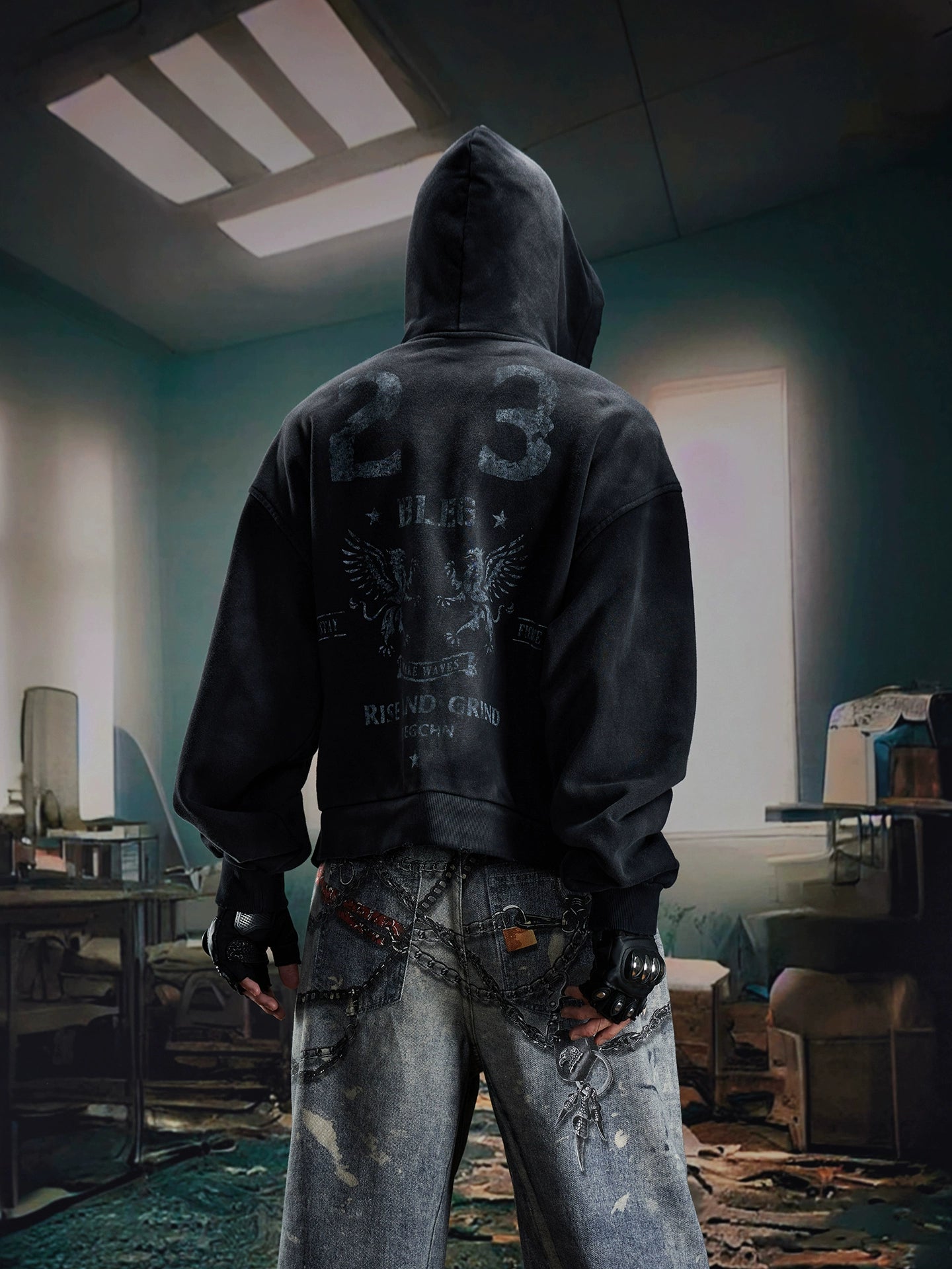 Washed Double-Side Print Zipper Hoodie WN20594