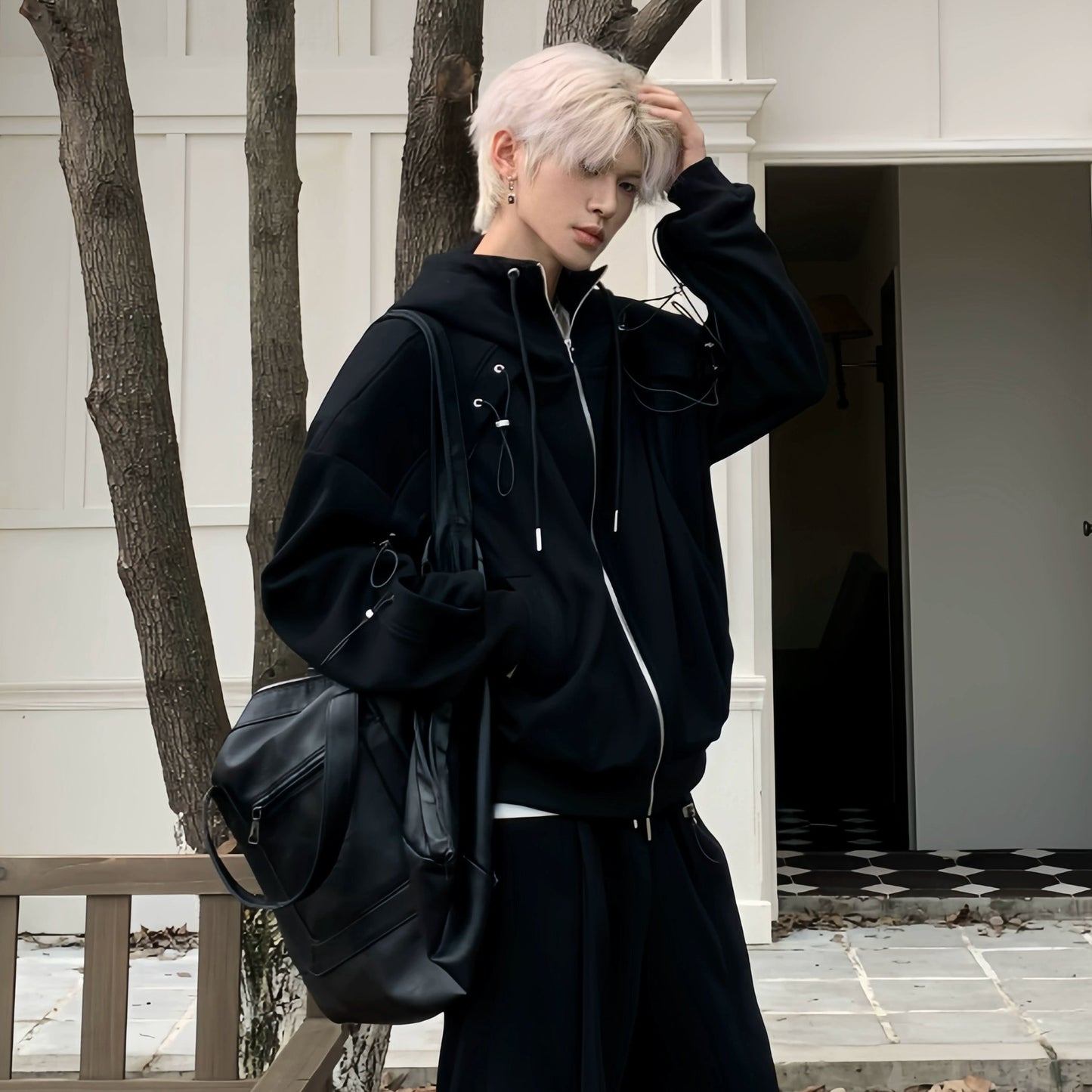 Drawstring Oversize Zipper Hoodie & Drawstring Wide Leg Sweatpants Setup WN19856