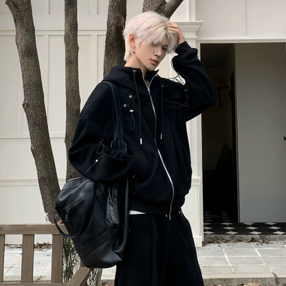 Drawstring Oversize Zipper Hoodie & Drawstring Wide Leg Sweatpants Setup WN19856