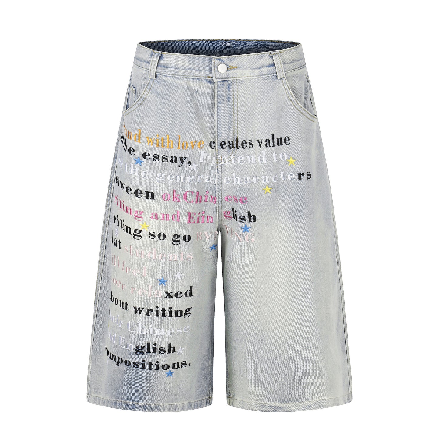 Letter Star Print Denim Half Jeans WN25412