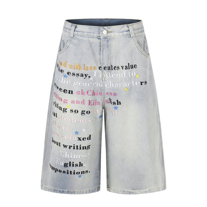 Letter Star Print Denim Half Jeans WN25412