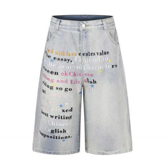 Letter Star Print Denim Half Jeans WN25412