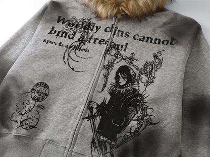 Fake Fur Collar Print Zipper Hoodie WN10999