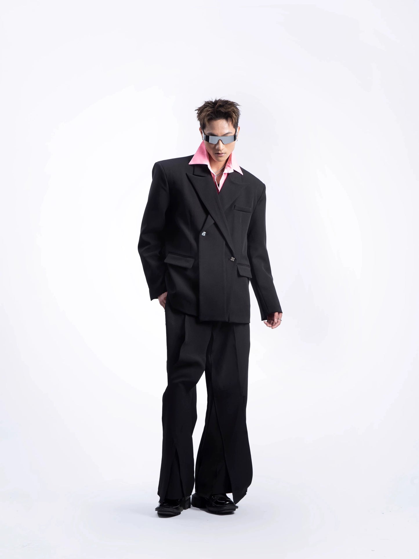 Asymmetrical Oversize Tailored Jacket & Draped Wide Leg Trousers Setup WN20636