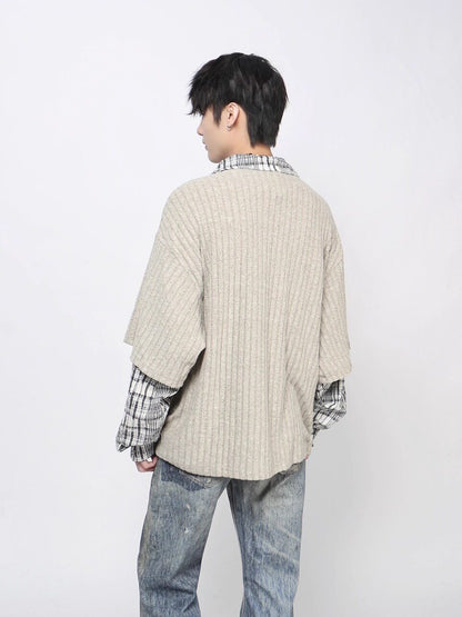 Fake Layered Plaid Sleeve Graphic Print Long Sleeve T-Shirt WN24484