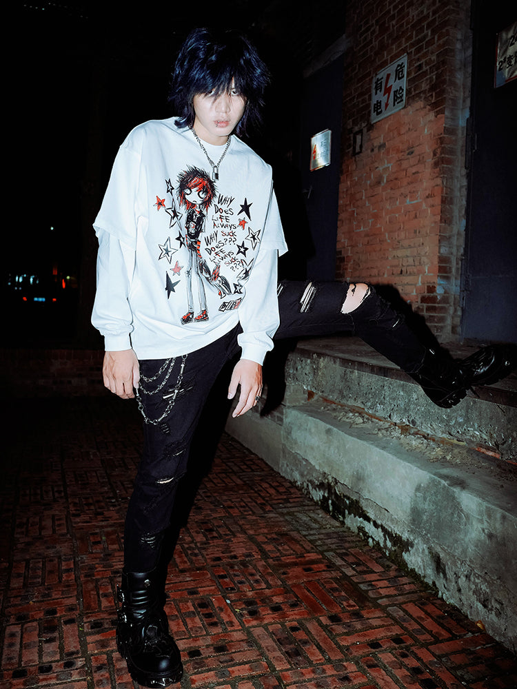 Hand-Drawn Anime-Inspired Fake Layered Long Sleeve T-Shirt WN16088