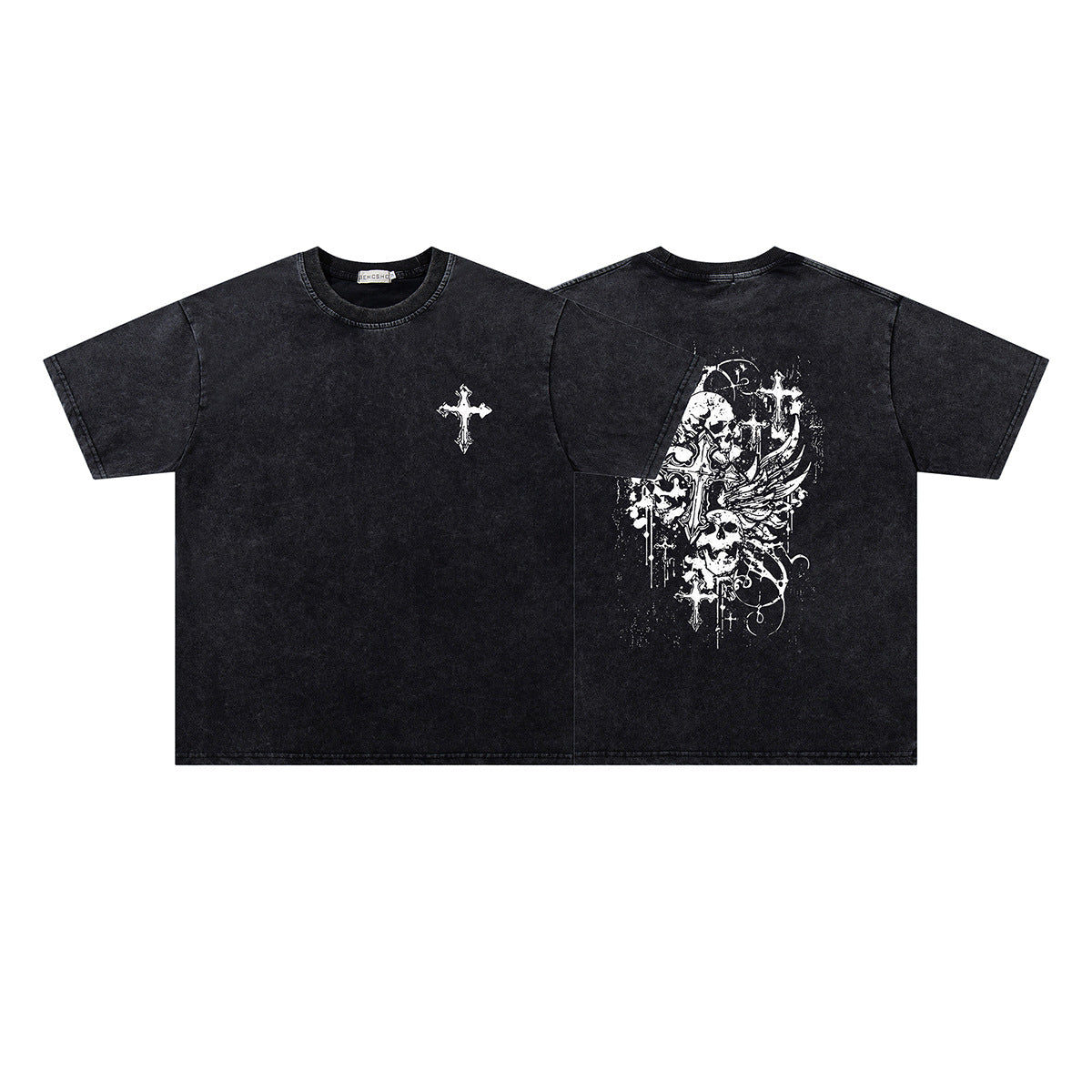 Washed Skeleton Cross Print Oversize Short Sleeve T-Shirt WN26887