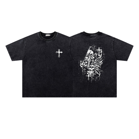 Washed Skeleton Cross Print Oversize Short Sleeve T-Shirt WN26887