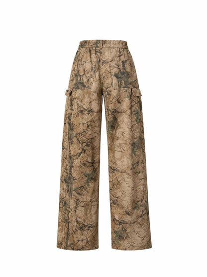 Camouflage Tree Print Cargo Pocket Wide Leg Denim Jeans WN28031