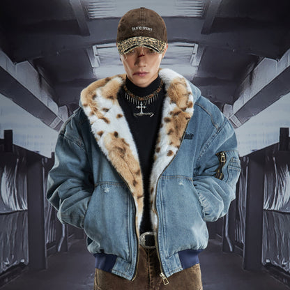 Washed Denim Leopard Fake Fur Eagle Hooded Puffer Jacket WN22835