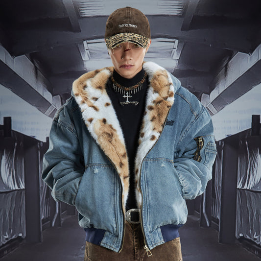 Washed Denim Leopard Fake Fur Eagle Hooded Puffer Jacket WN22835