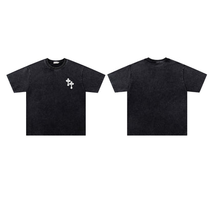 Washed Damage Double Cross Print Short Sleeve T-Shirt WN26817
