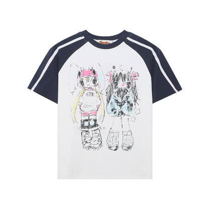 Anime Color Block Raglan Sleeve Short Sleeve T-Shirt WN26865