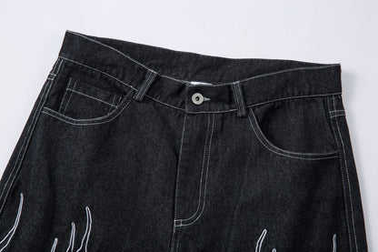 Graphic Embroidery Wide Leg Denim Jeans WN16200