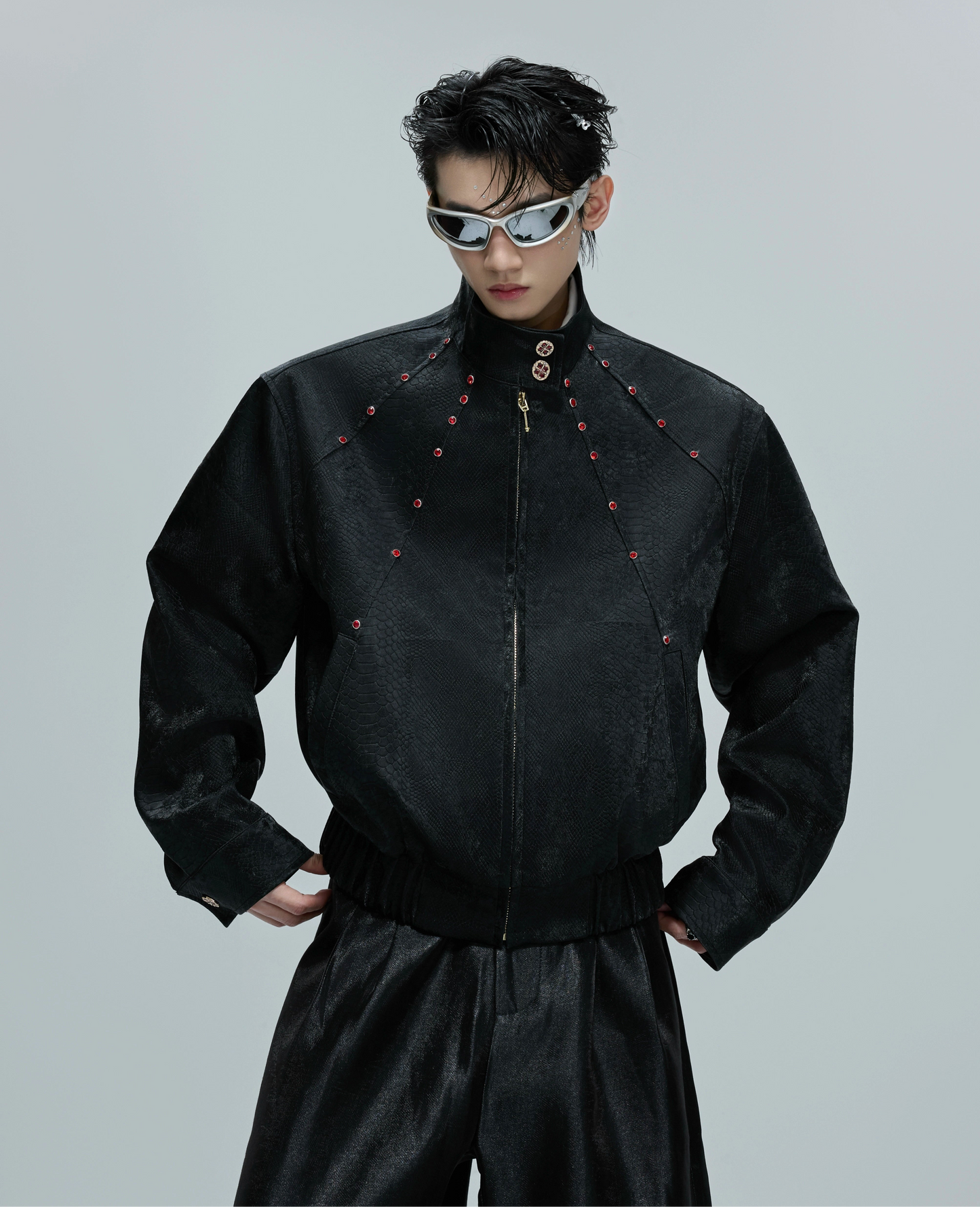 Snake Texture Gem Embellished Standing-Collar PU Leather Short Jacket WN21685