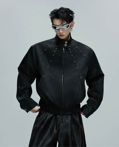 Snake Texture Gem Embellished Standing-Collar PU Leather Short Jacket WN21685