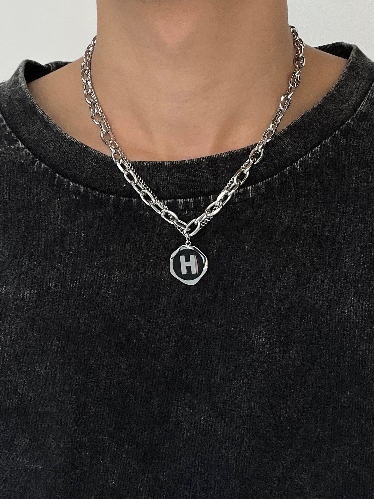 Double Layer Letter H Pendant Titanium Steel Necklace WN19222