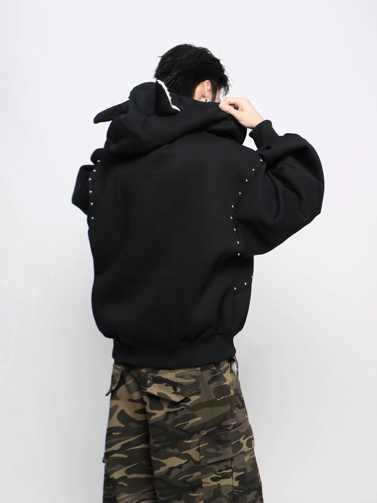 Studs Mix Patchwork Zipper Hoodie WN21042