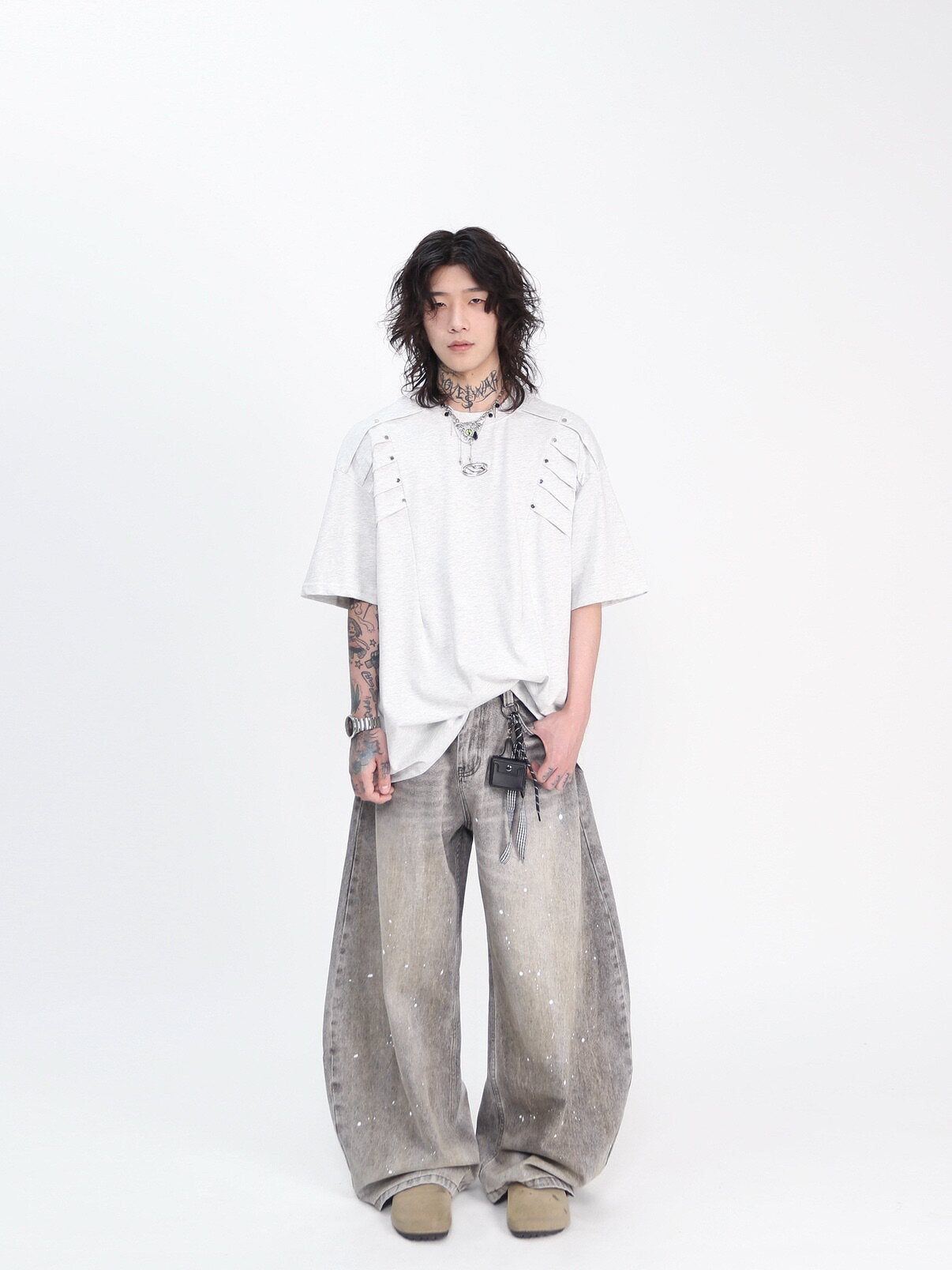 Metal Rivet Pleats Oversize Short Sleeve T-Shirt WN24410