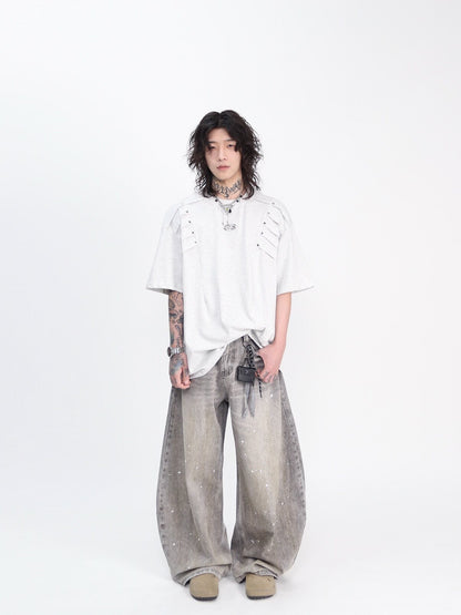 Metal Rivet Pleats Oversize Short Sleeve T-Shirt WN24410