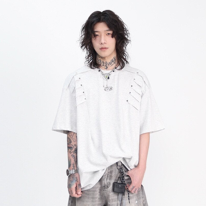 Metal Rivet Pleats Oversize Short Sleeve T-Shirt WN24410