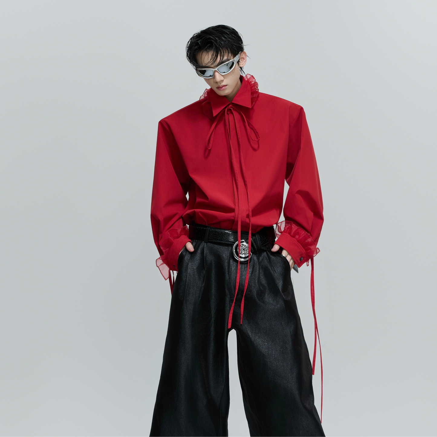 Detachable Ribbon Lace Shoulder-Pad Long Sleeve Shirt WN21713