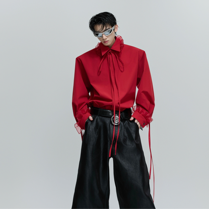 Detachable Ribbon Lace Shoulder-Pad Long Sleeve Shirt WN21713