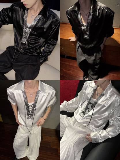 V-Neck Lace-Up Satin Cropped Long Sleeve Shirt WN27038