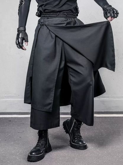 Irregular Fake Layered Ribbon Strap Cropped Wide Leg Pants WN22497