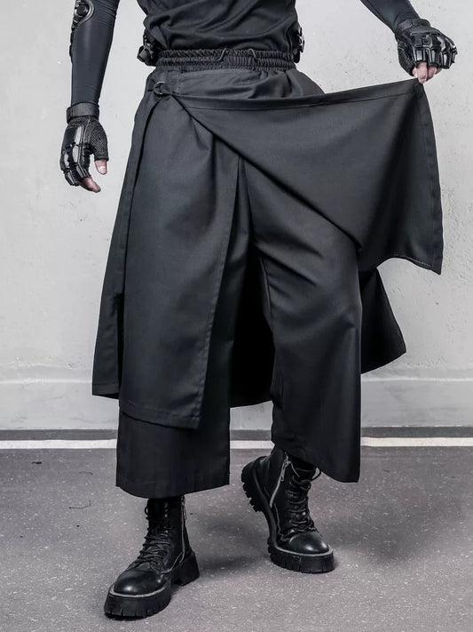 Irregular Fake Layered Ribbon Strap Cropped Wide Leg Pants WN22497