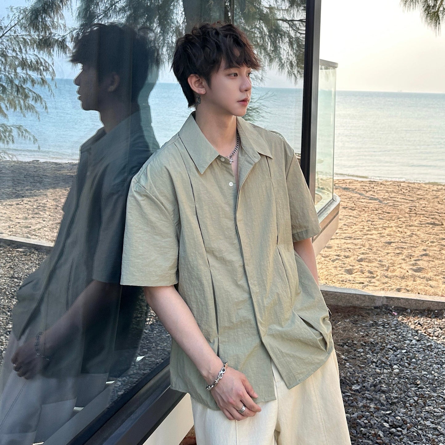 Pleats Wrinkle Short Sleeve Shirt WN25171