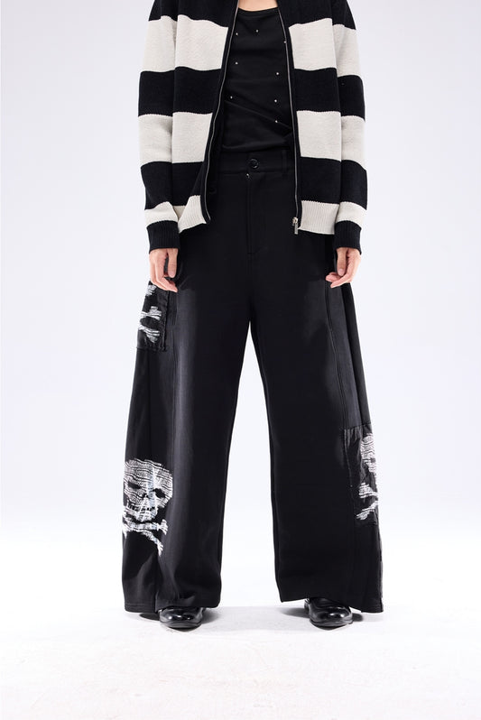 Curved Cut Skull Print Patch Wide Leg Sweatpants WN13685