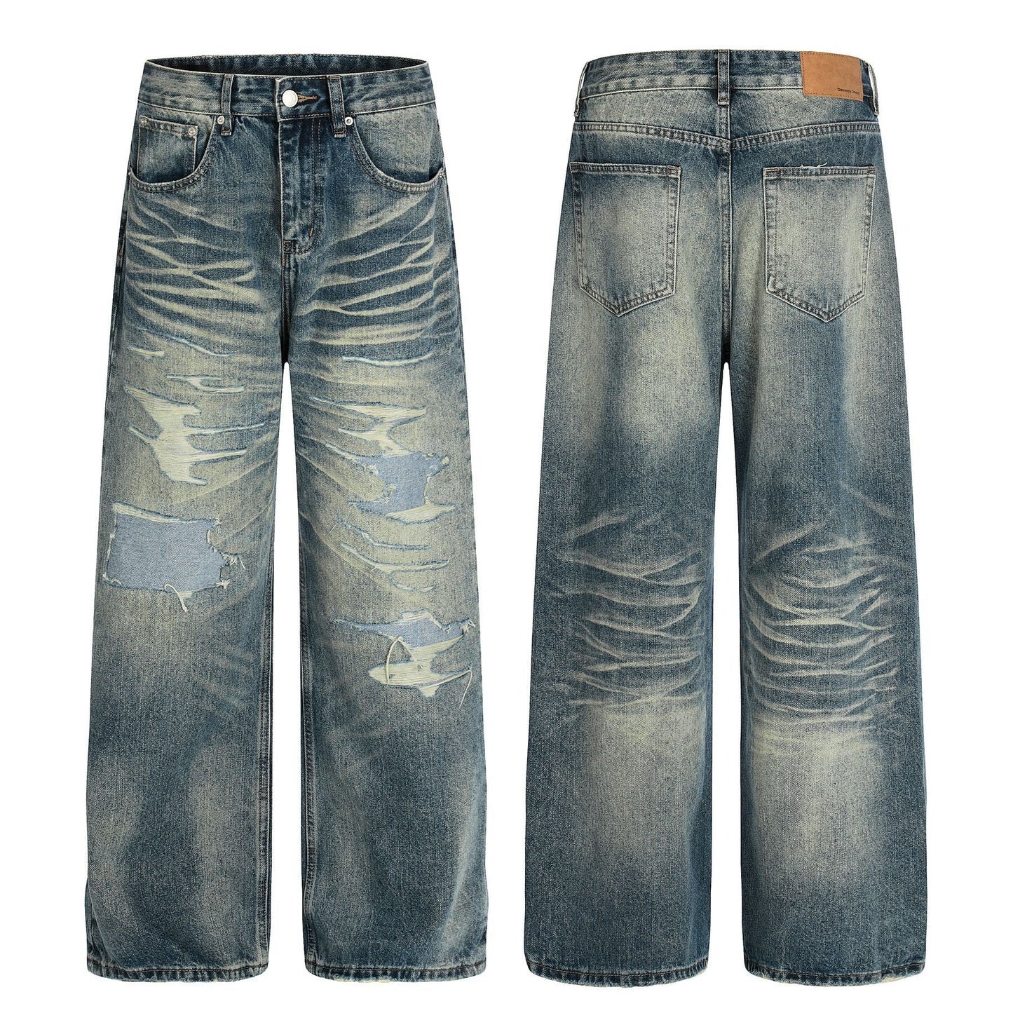 Whisker Damage Wide Leg Denim Jeans WN25973