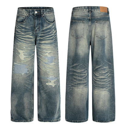 Whisker Damage Wide Leg Denim Jeans WN25973