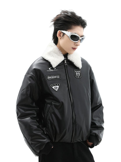 Boa Neck PU Leather Puffer Jacket WN10490