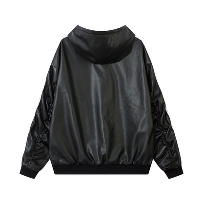 Three-Stripe Oversize PU Leather Hooded Jacket WN11116