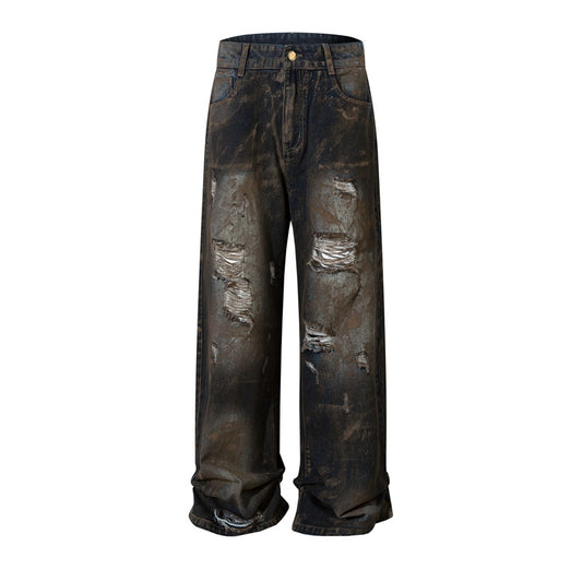 Heavyweight Washed Graffiti Hand-Paint Damage Wide-Leg Denim Jeans WN11386