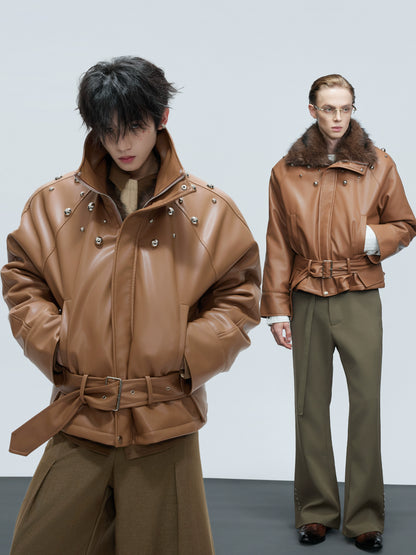 Studs High-Neck Fake Fur Collar PU Leather Puffer Jacket WN21719