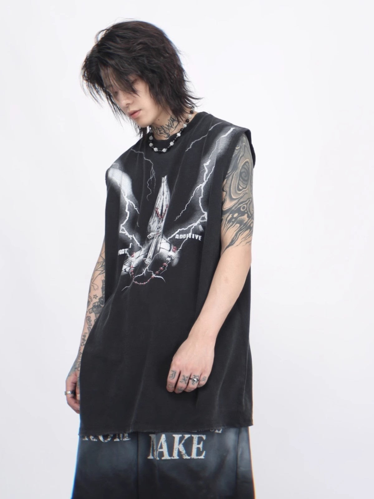 Oversize Graffiti Print Washed Sleeveless T-shirt WN6561