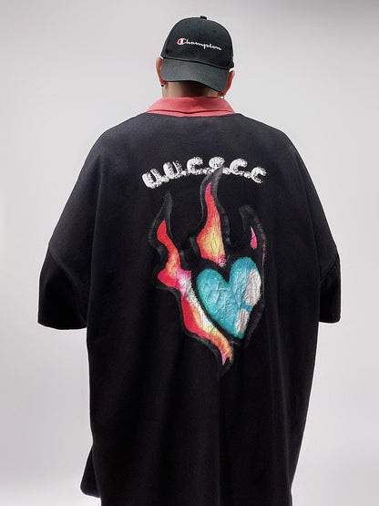 Flame Heart Print Oversize Short Sleeve T-Shirt WN24002