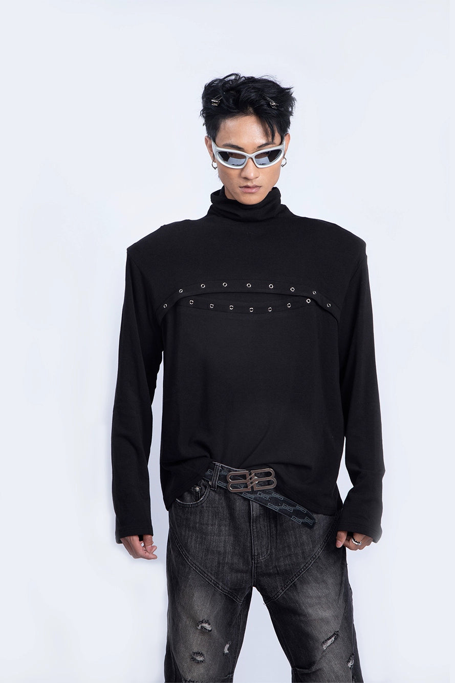 Metal Spliced Stand Neck Long Sleeve T-Shirt WN9239