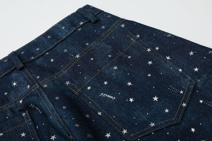 Star Print Curved Wide Leg Denim Jeans WN25696