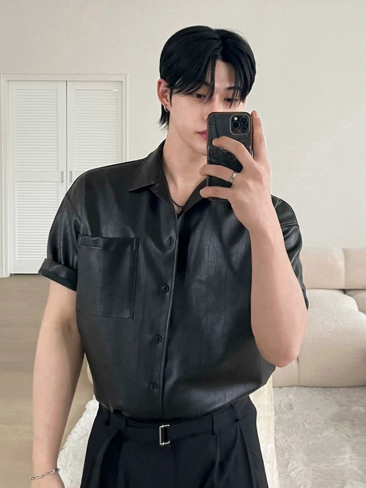 Turn-Down Collar PU Leather Short Sleeve Shirt WN20250