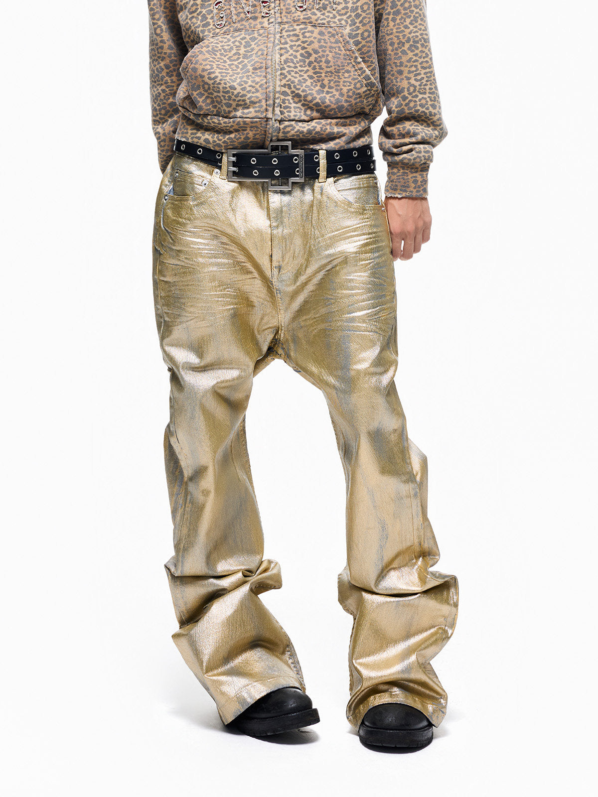 Metallic Coating Stacked Straight Denim Jeans WN27300
