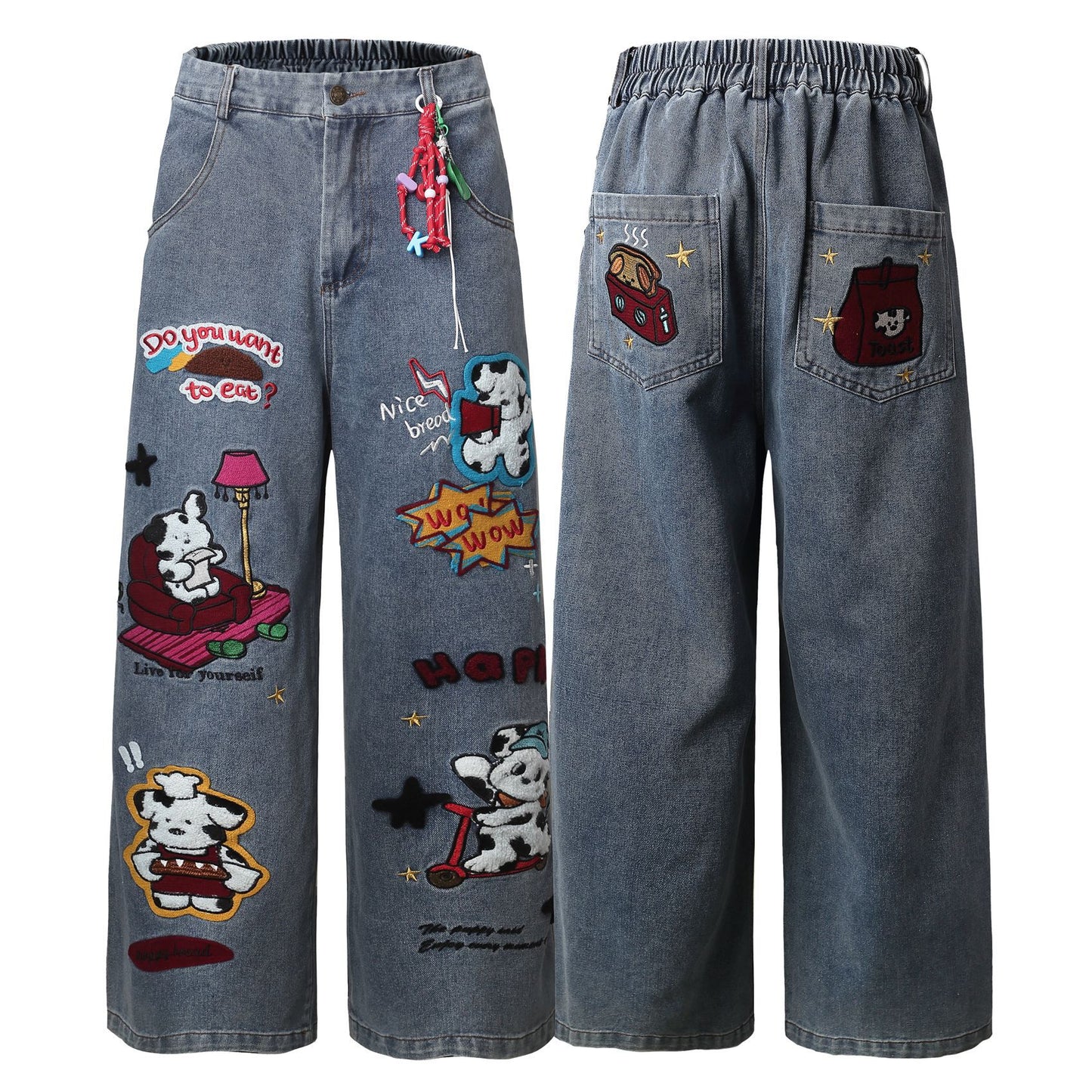 Cartoon Embroidery Wide Leg Denim Jeans WN26946