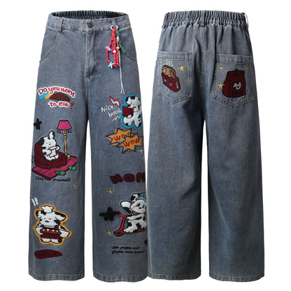 Cartoon Embroidery Wide Leg Denim Jeans WN26946