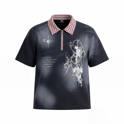 Gothic Gradient Half-Zip Plaid Collar Polo Shirt WN27877