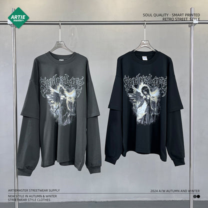 Print Fake Layered Oversize Long Sleeve T-Shirt WN9990