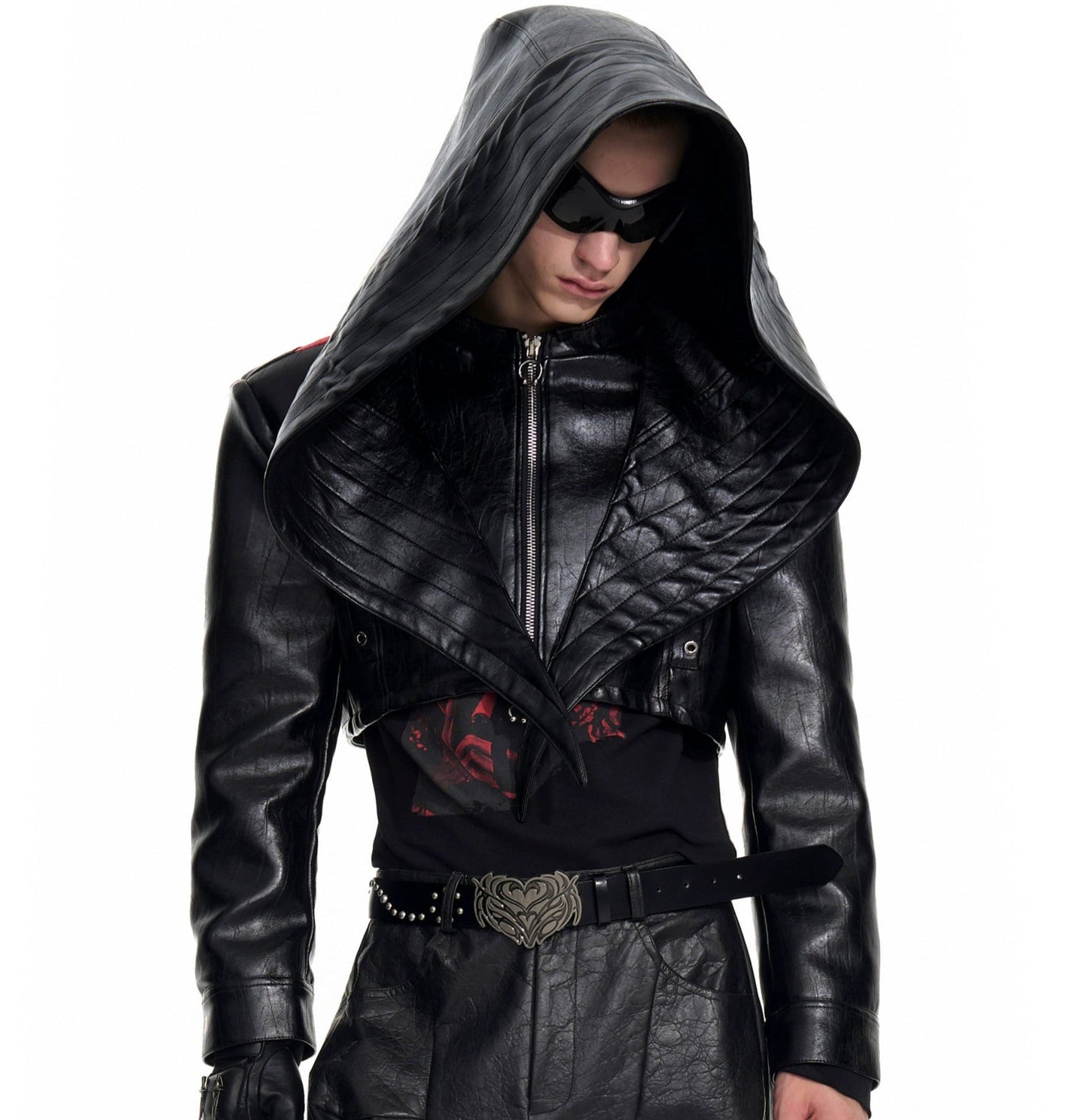 Bat Hat Design PU Leather Hooded Short Jacket WN20926